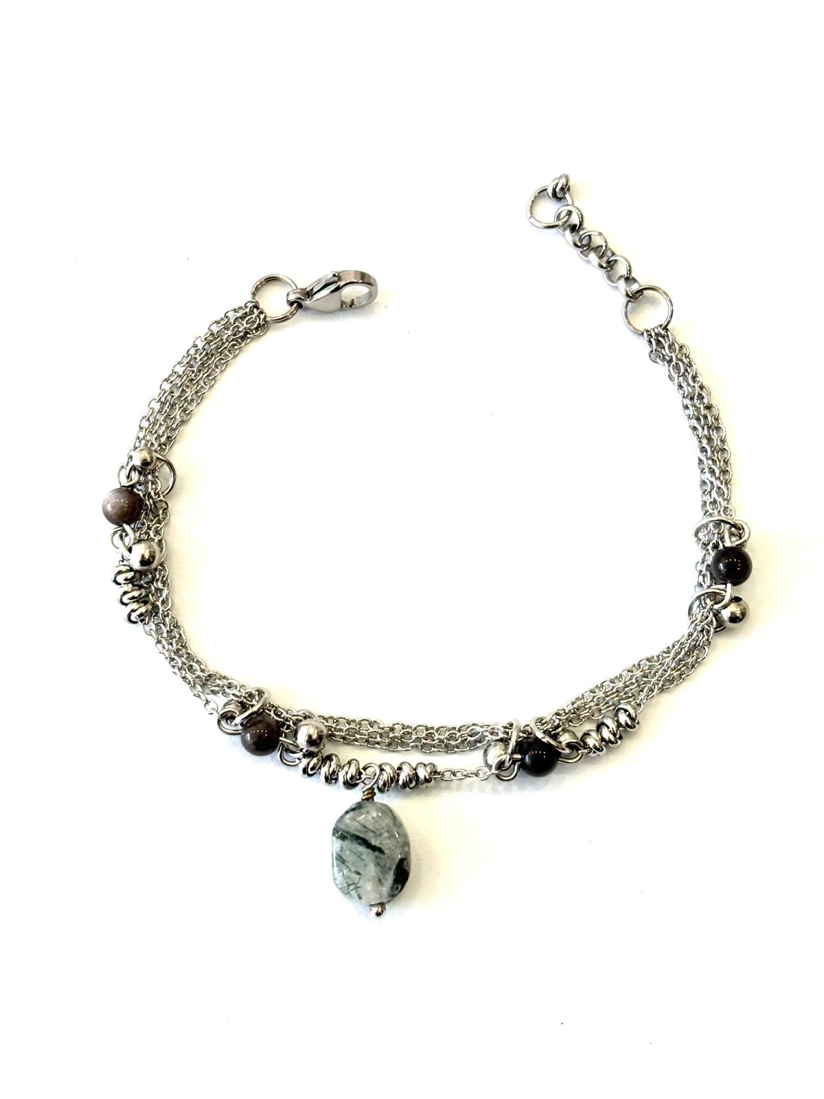 BRACCIALE MULTIFILO ACCIAIO - OSSIDIANA GRIGIA - QUARZO TORMALINATO SASSO