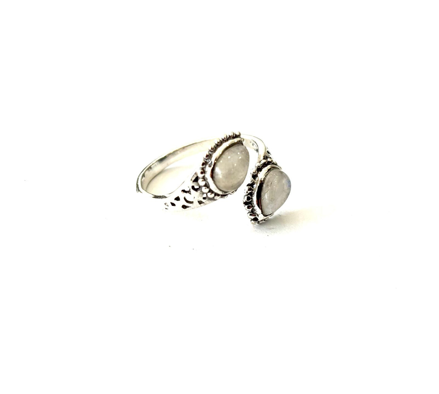 ANELLO DOPPIA GOCCIA PIETRA DI LUNA AVVOLTE DA MICROSFERE - REGOLABILE - ARGENTO 925