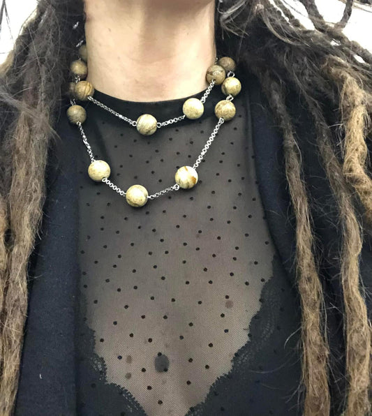 COLLANA IN ACCIAIO CON PIETRE NATURALI DI PIETRA PAESINA 15MM