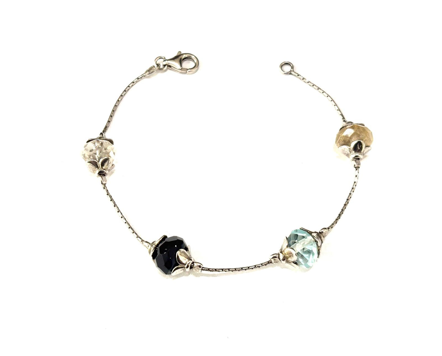 BRACCIALE CON CRISTALLI SFACCETTATI - CRISTALLO DI ROCCA, ONICE, ACQUAMARINA, QUARZO CITRINO - ARGENTO 925