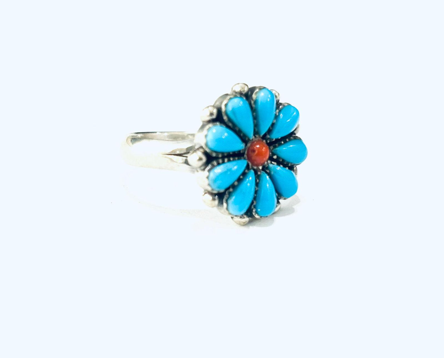 ANELLO FIORE PASTA DI TURCHESE - CORALLO -ARGENTO 925
