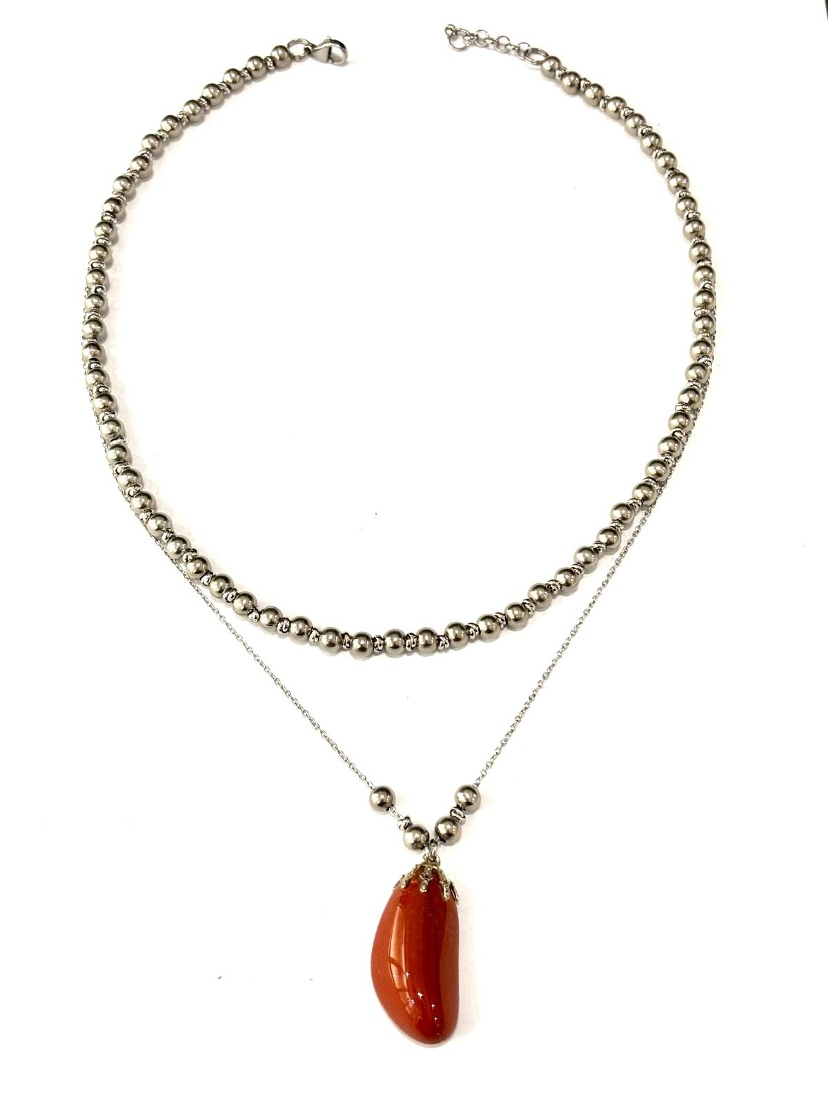 COLLANA TUMBLED STONE ACCIAIO - CIONDOLO DIASPRO ROSSO CON COPPETTA OTTONE GALVANICA ARGENTATA