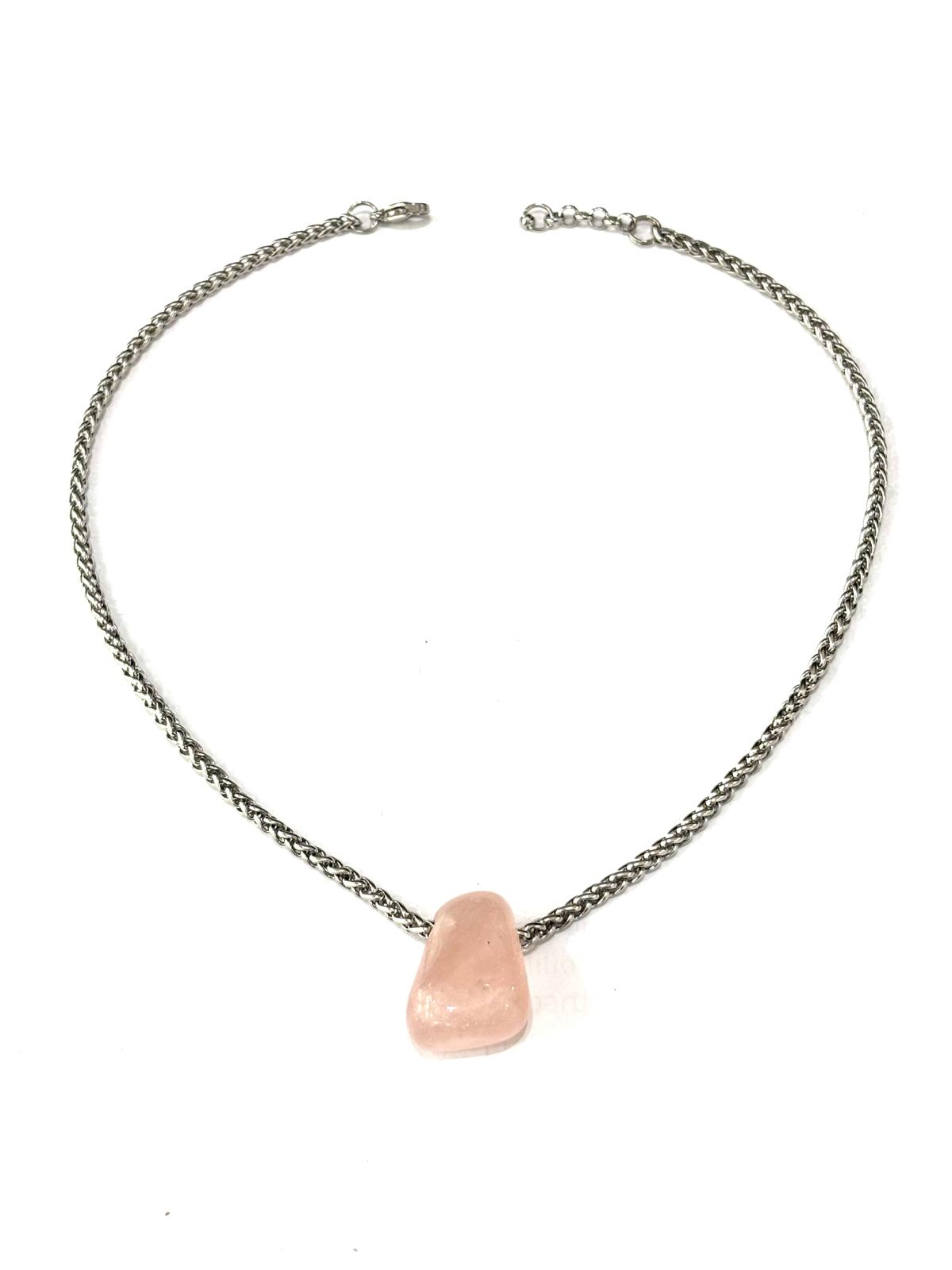 COLLANA ACCIAIO CON QUARZO ROSA BURATTATA