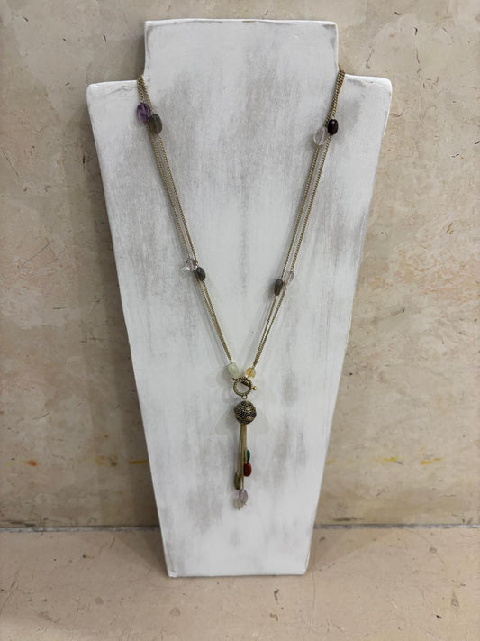 COLLANA LUNGA OTTONE CON CATENA GROUMETTE E PIETRE NATURALI