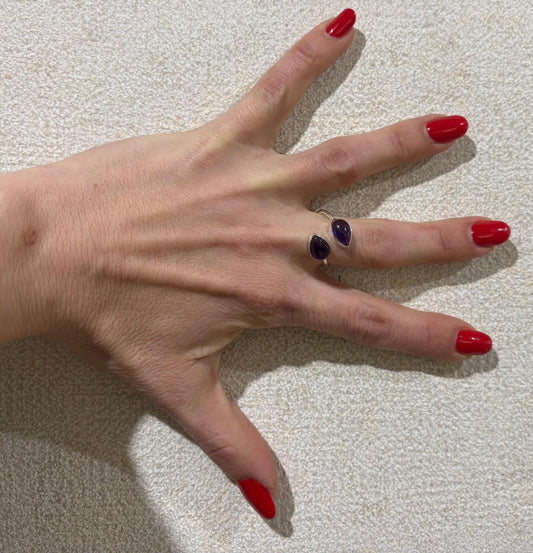 ANELLO GOCCE DI AMETISTA CABOCHON - REGOLABILE - ARGENTO 925