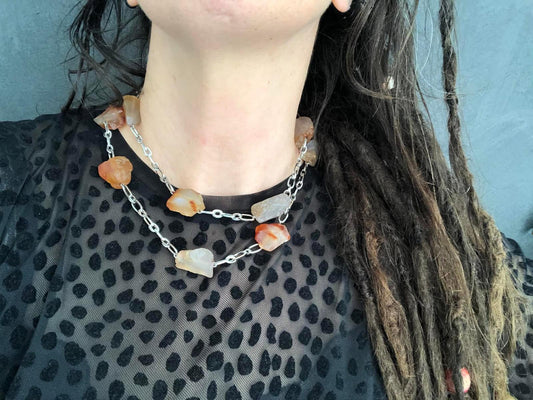 COLLANA ACCIAIO CON PIETRA NATURALI IN CORNIOLA GREZZA