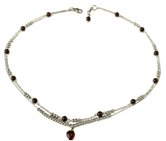 COLLANA SUPERIMPOSED ACCIAIO - GRANATO TONDO - CIONDOLO GRANATO TONDO ARGENTO 925