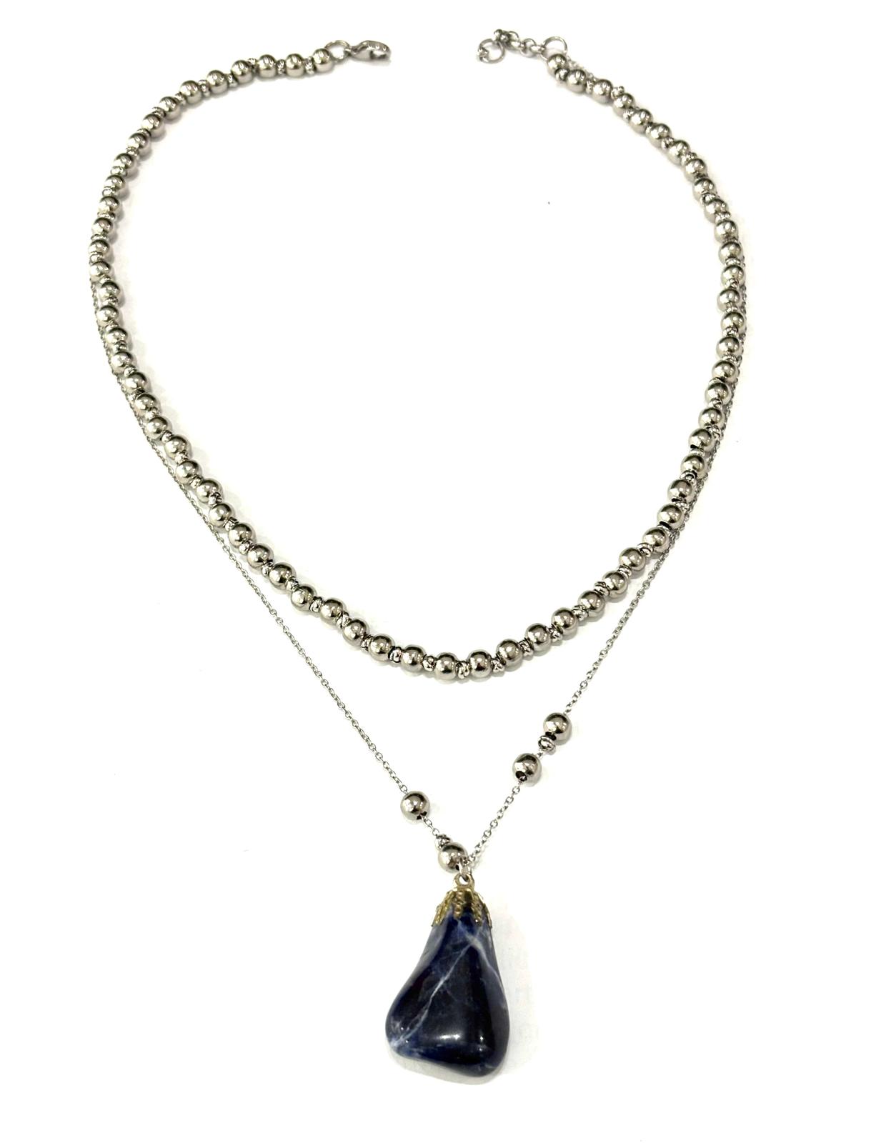 COLLANA TUMBLED STONE ACCIAIO - CIONDOLO SODALITE CON COPPETTA OTTONE GALVANICA ARGENTATA