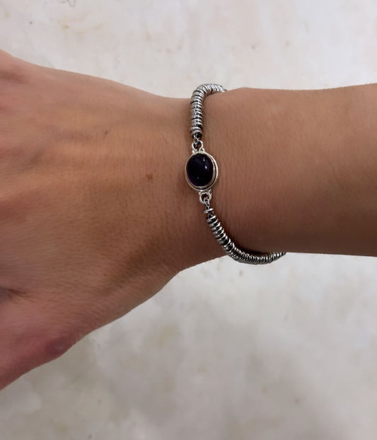 BRACCIALE ROLLERSTONE ACCIAIO - CENTRALE AMETISTA OVALE ARGENTO 925