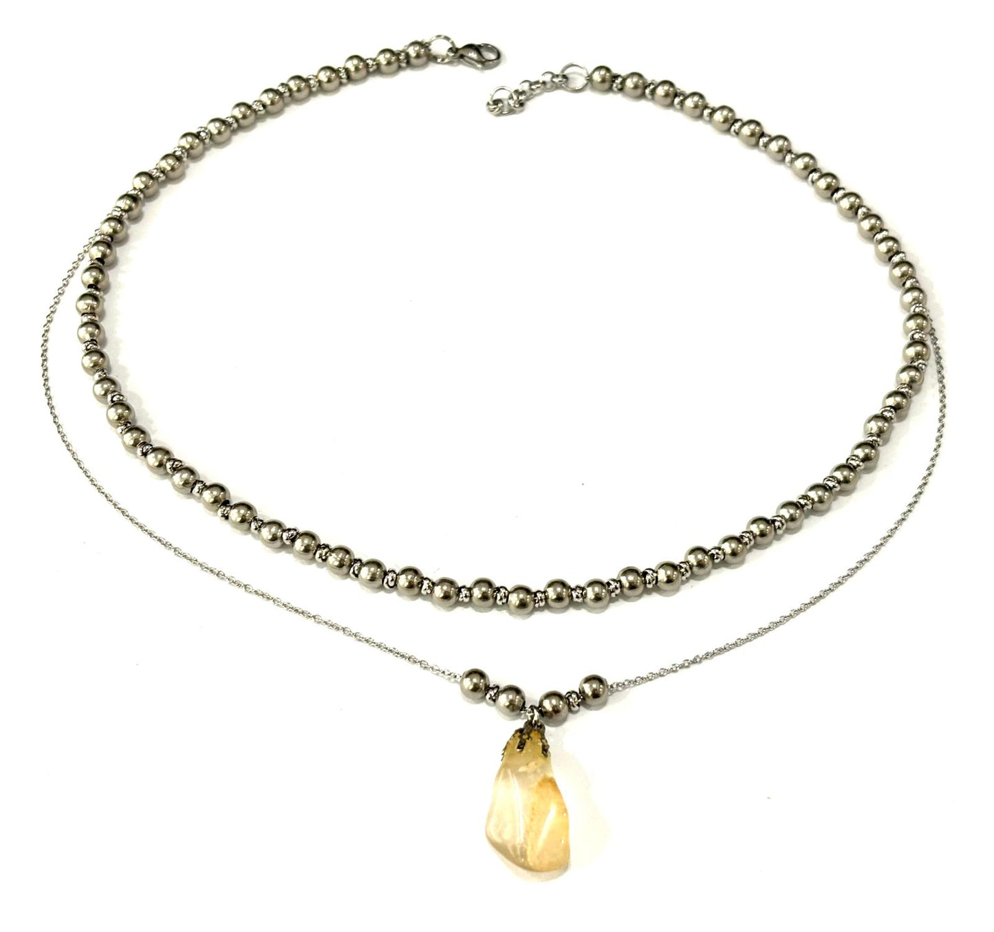 COLLANA TUMBLED STONE ACCIAIO - CIONDOLO CITRINO CON COPPETTA OTTONE GALVANICA ARGENTATA