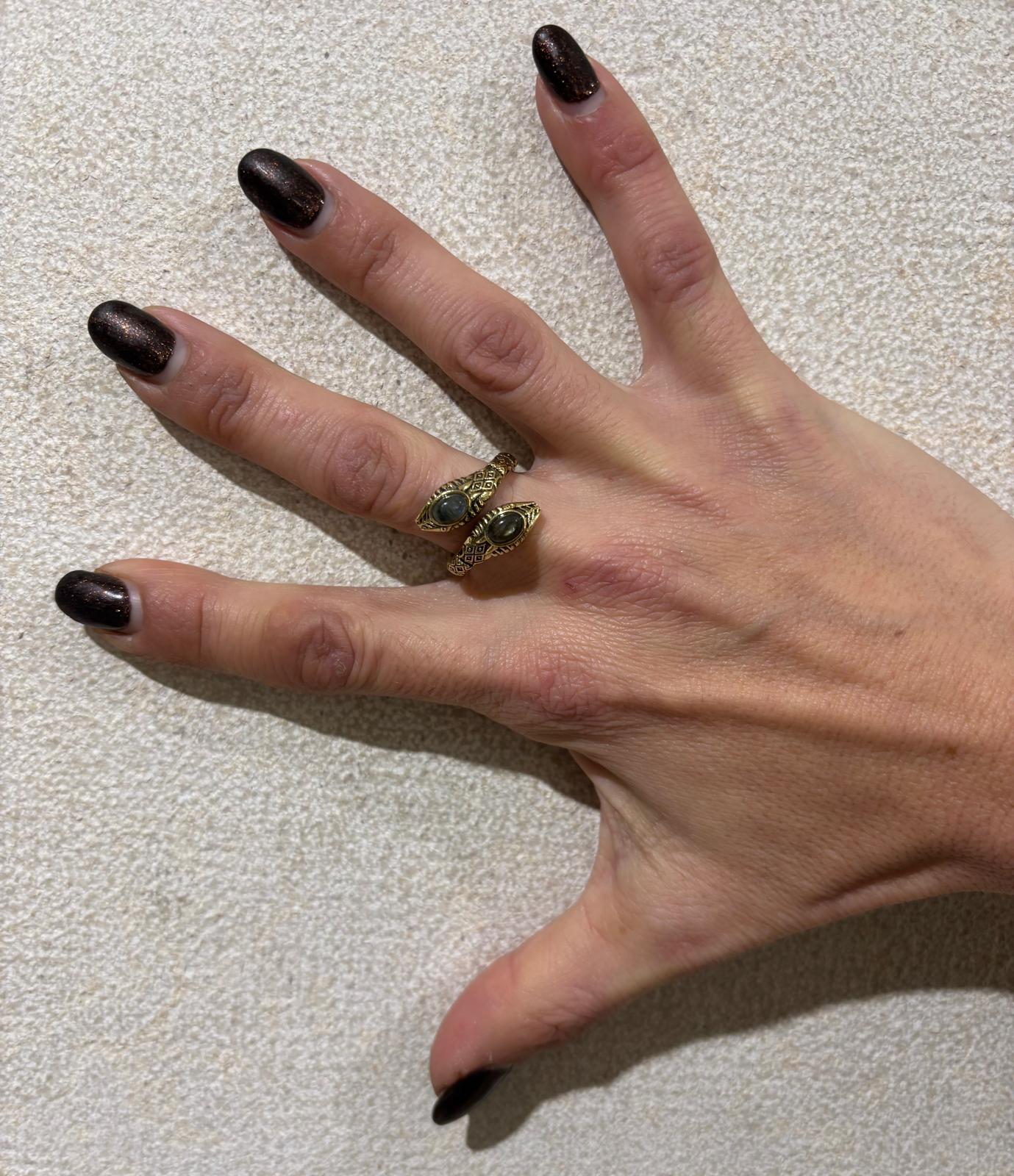 ANELLO OTTONE - FASCETTA APERTA DOPPIA TESTA SERPENTE - LABRADORITE