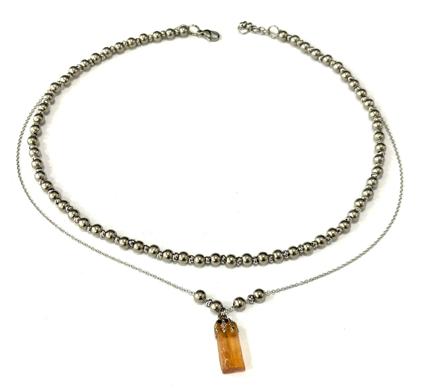 COLLANA TUMBLED STONE ACCIAIO - CIONDOLO QUARZO IMPERIALE CON COPPETTA OTTONE GALVANICA ARGENTATA