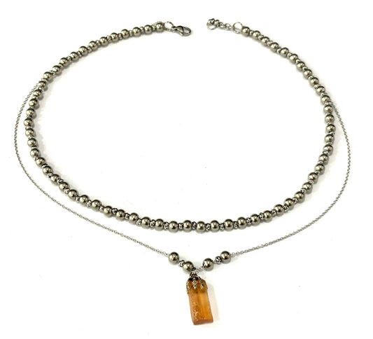 COLLANA TUMBLED STONE ACCIAIO - CIONDOLO QUARZO IMPERIALE CON COPPETTA OTTONE GALVANICA ARGENTATA