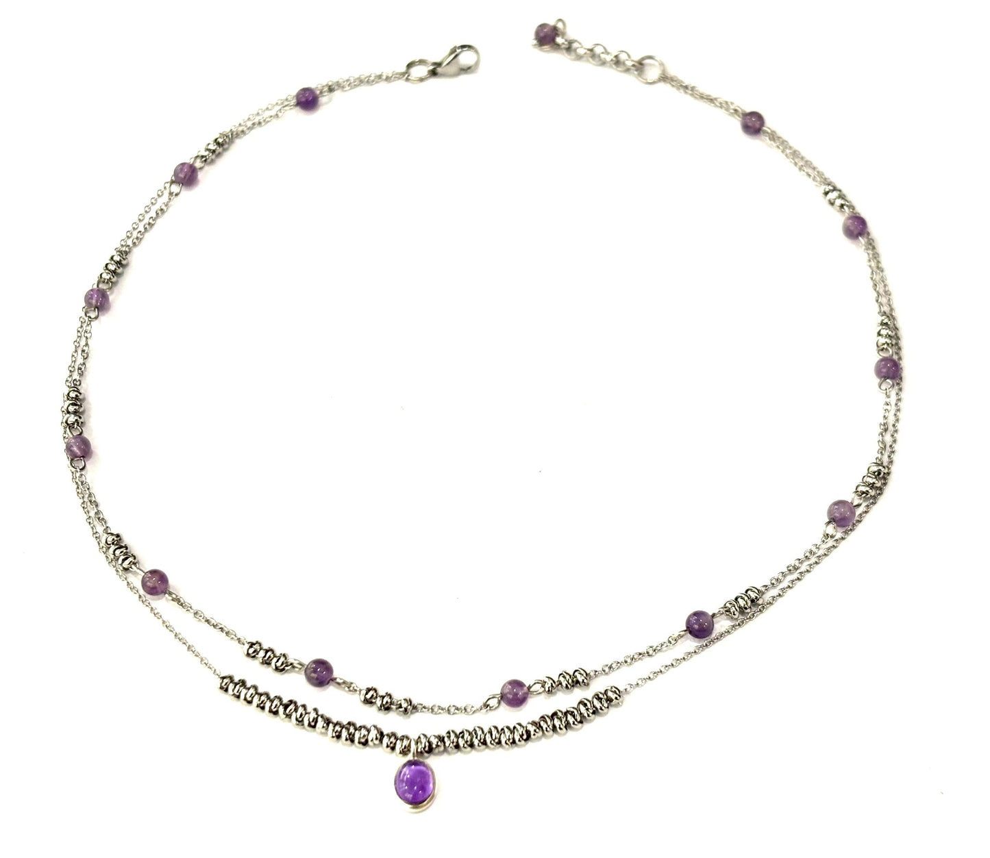 COLLANA SUPERIMPOSED ACCIAIO - AMETISTA - CIONDOLO OVALE AMETISTA ARGENTO 925