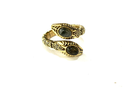 ANELLO OTTONE - FASCETTA APERTA DOPPIA TESTA SERPENTE - LABRADORITE