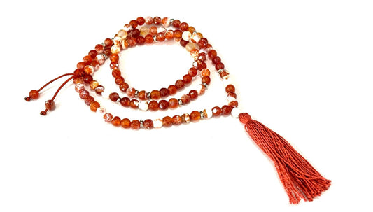 COLLANA MALA TIBETANO - AGATA FUOCO ROSSA SFACCETTATA 6mm