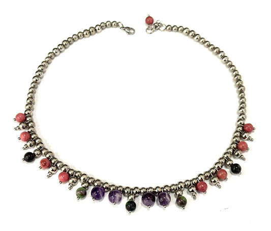 COLLANA BUBBLES ACCIAIO - AMETISTA, RODONITE, RUBINO ZOISITE