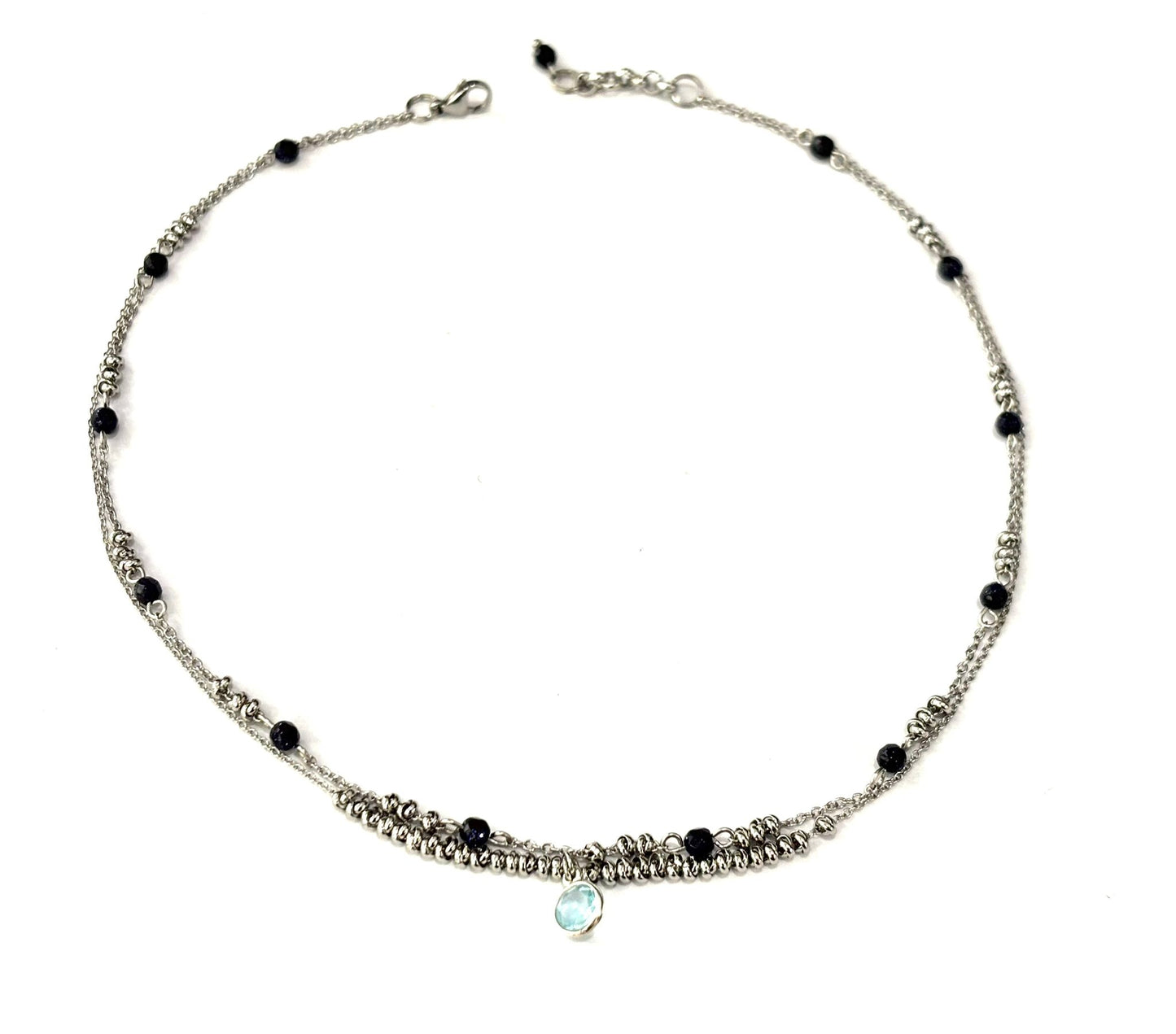 COLLANA SUPERIMPOSED ACCIAIO - PIETRA DEL SOLE BLU - CIONDOLO QUARZO BLU TONDO ARGENTO 925