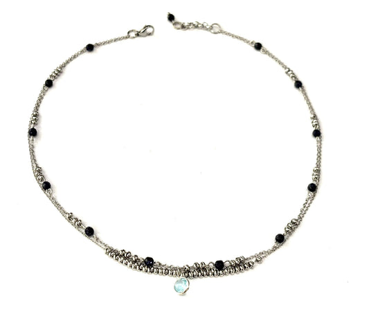 COLLANA SUPERIMPOSED ACCIAIO - PIETRA DEL SOLE BLU - CIONDOLO QUARZO BLU TONDO ARGENTO 925