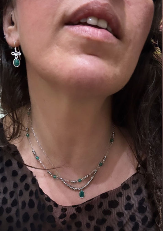 COLLANA SUPERIMPOSED ACCIAIO - GIADA SFACCETTATA - CIONDOLO GIADA SFACCETTATA OVALE ARGENTO 925