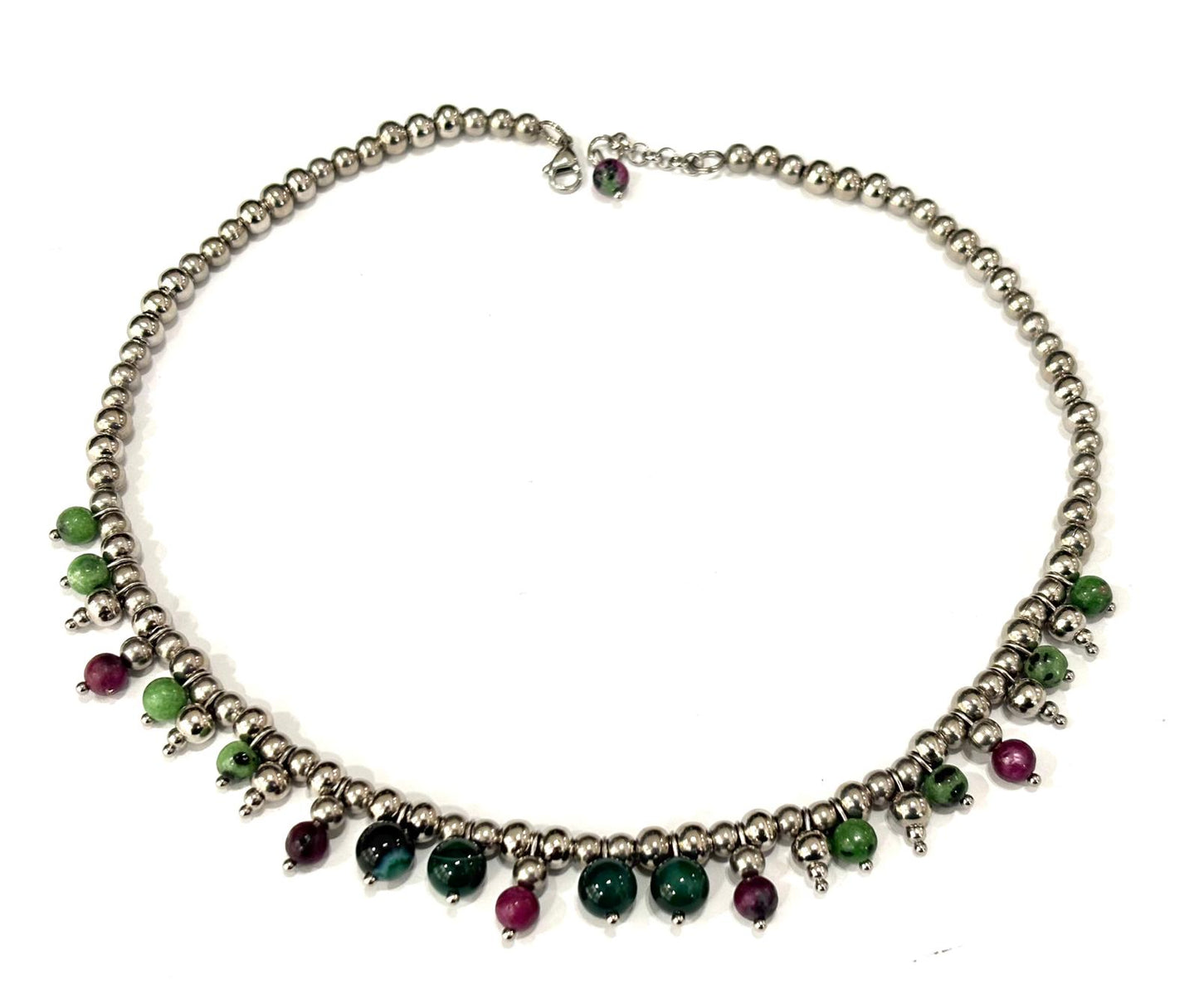 COLLANA BUBBLES ACCIAIO - AGATA VERDE STRIATA, RUBINO ZOISITE
