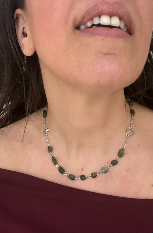 COLLANA GIROCOLLO HARMONIA - GIADA CANADESE - FIOR DI LOTO ARGENTO 925 - QUARZO ROSA ARGENTO 925