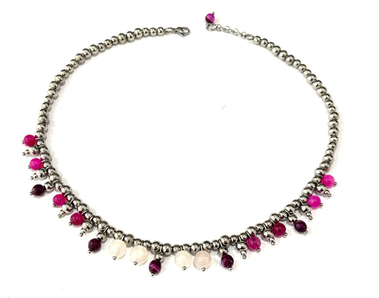 COLLANA BUBBLES ACCIAIO - QUARZO ROSA, AGATA STEUATA FUCSIA