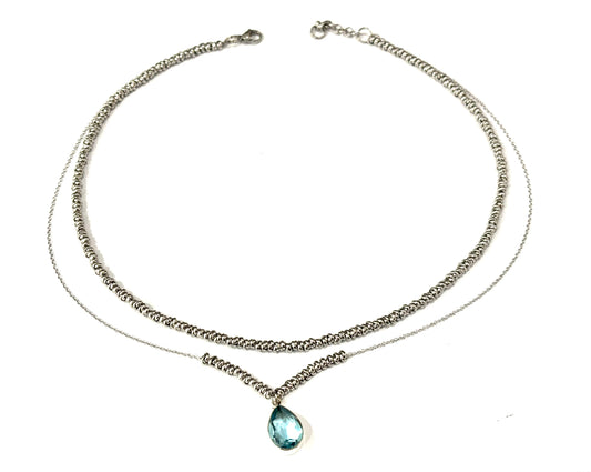 COLLANA DELICIOUS ACCIAIO - CIONDOLO QUARZO BLU GOCCIA - ARGENTO 925