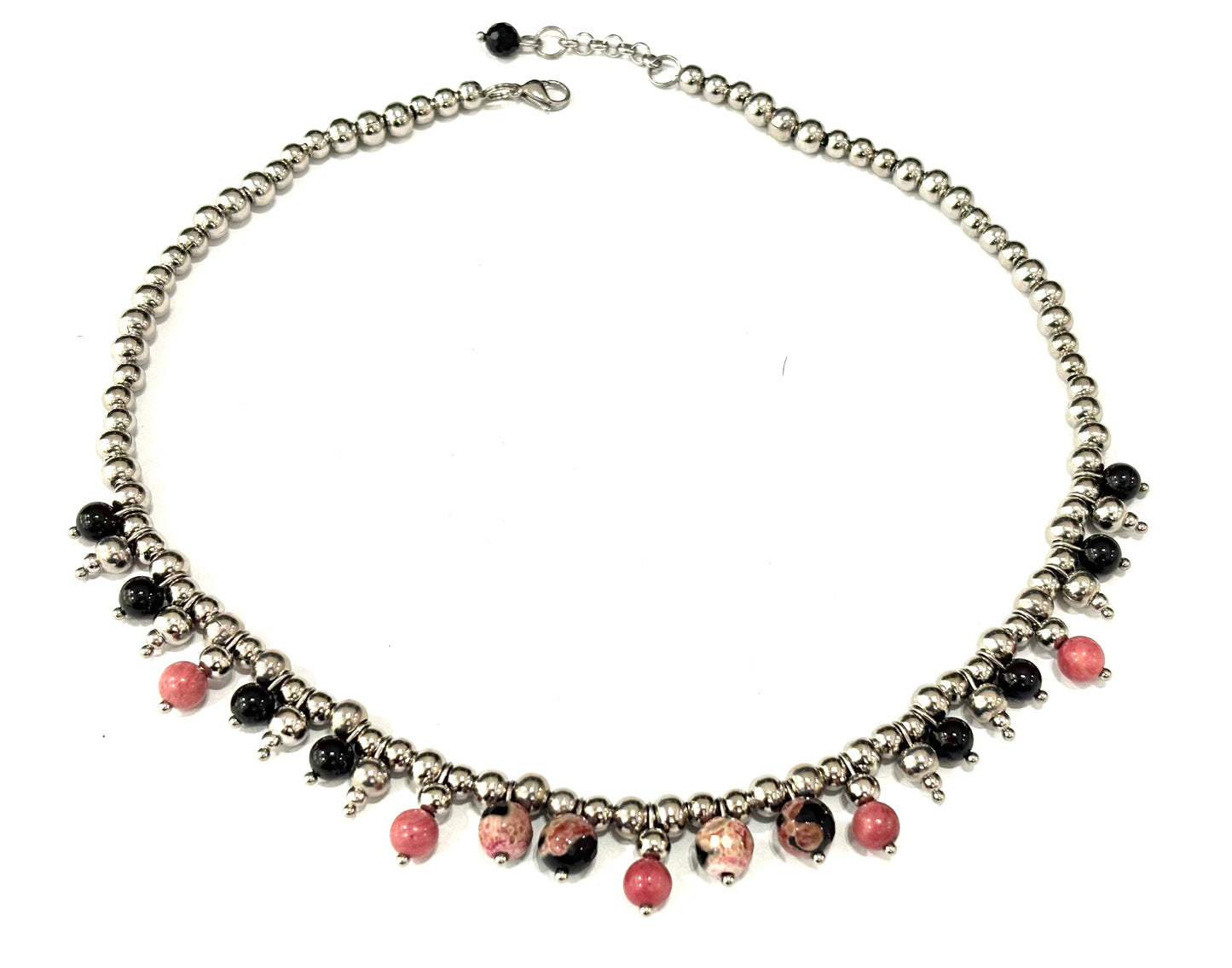 COLLANA BUBBLES ACCIAIO - AGATA BICOLORE, TORMALINA NERA, RODONITE