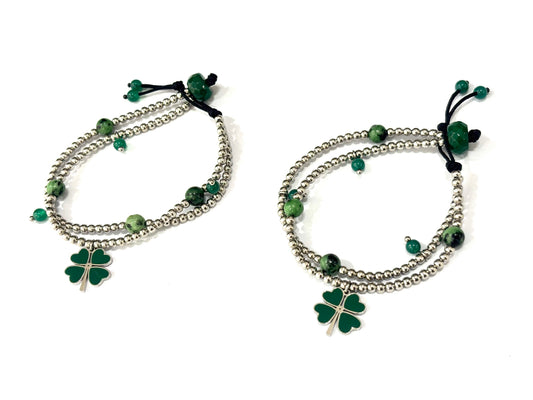 BRACCIALE DOUBLE FOUR-LEAF CLOVER ACCIAIO - GIADA - RUBY ZOISITE