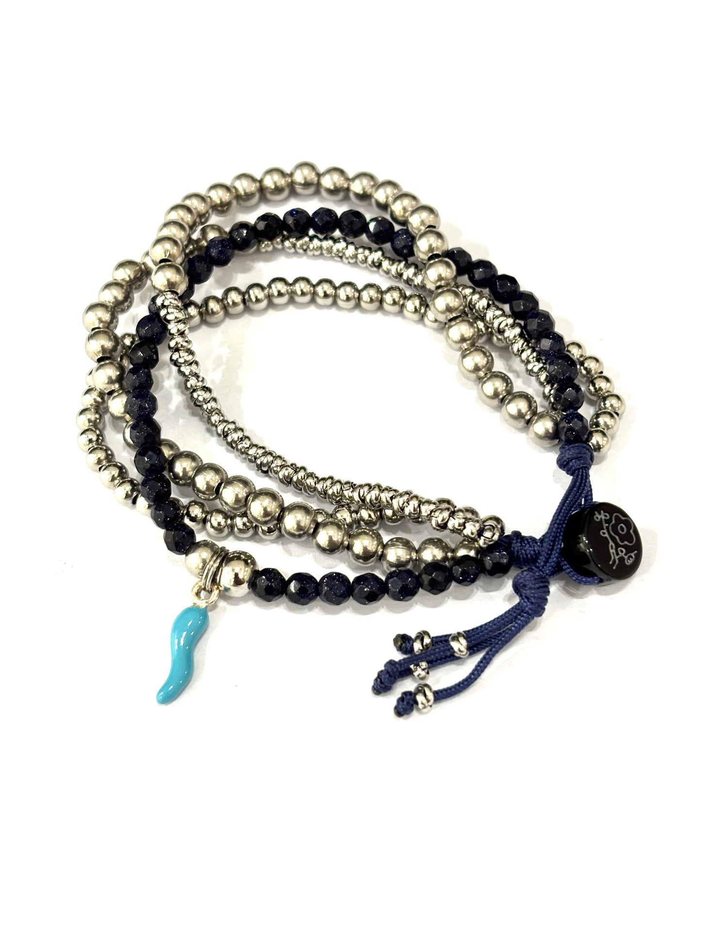 BRACCIALE MULTIFILO GOODLUCK ACCIAIO - PIETRE NATURALI - BOTTONE ONICE - CORNETTO SMALTATO ARGENTO 925