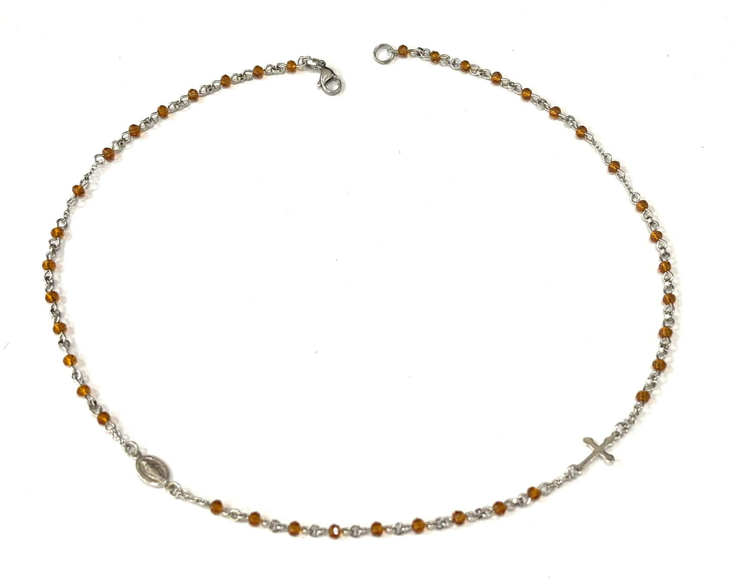 COLLANA ROSARIO ACCIAIO - MEDAGLIETTA E CROCE ARGENTO 925 - CRISTALLI 3,5x2,5mm