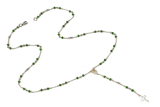 COLLANA ROSARIO ACCIAIO - MEDAGLIETTA E CROCE ARGENTO 925 - CRISTALLI 3,5x2,5mm