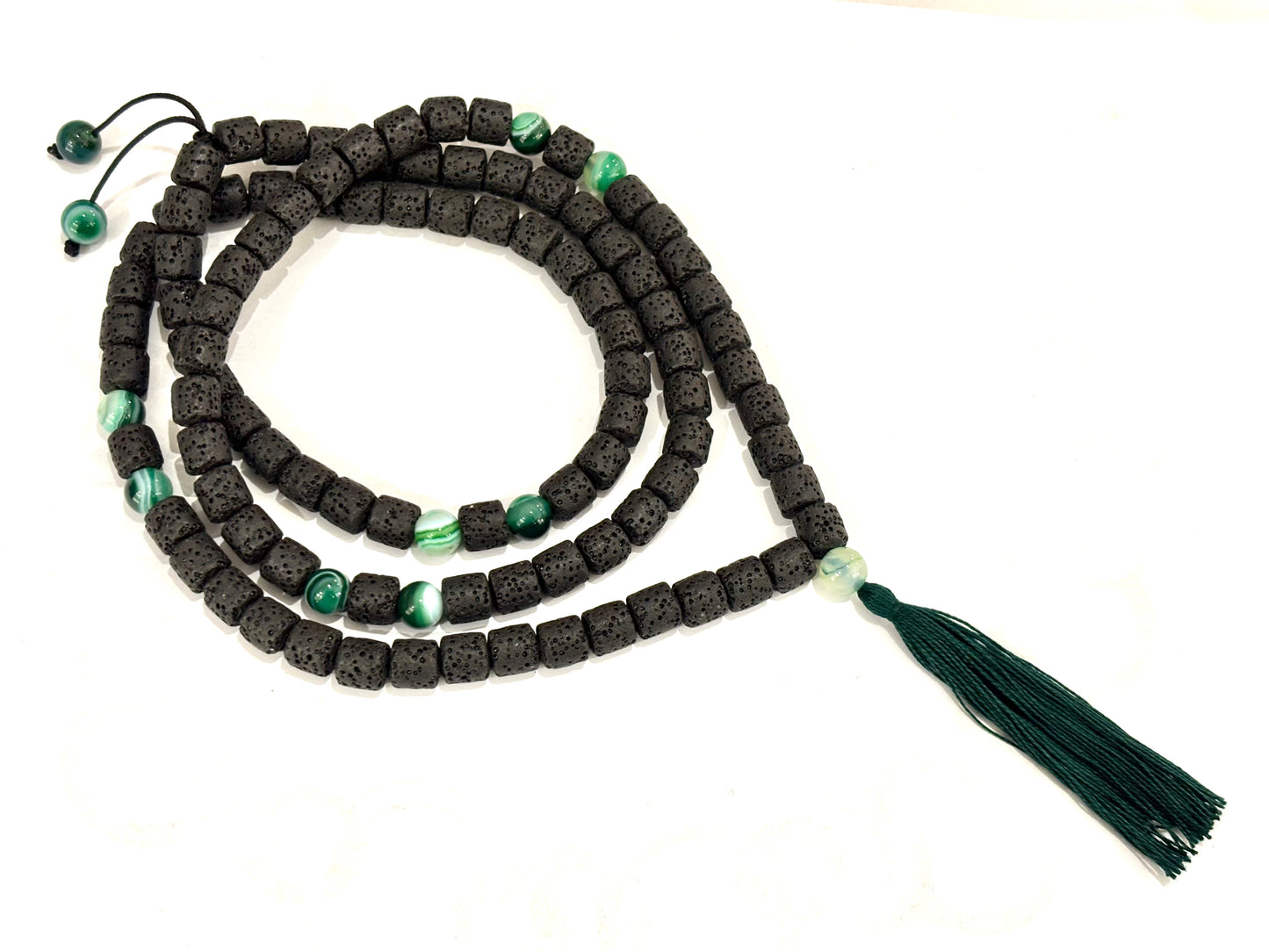 COLLANA MALA TIBETANO - PIETRA LAVICA BARILOTTO - AGATA VERDE STRIATA 8mm