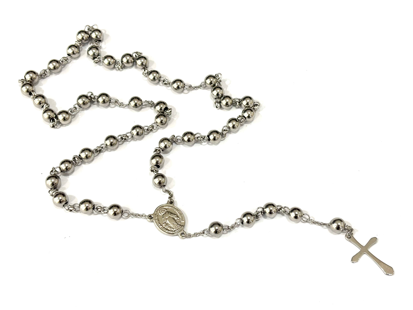 COLLANA ROSARIO ACCIAIO - SFERE - MEDAGLIA E CROCE ACCIAIO