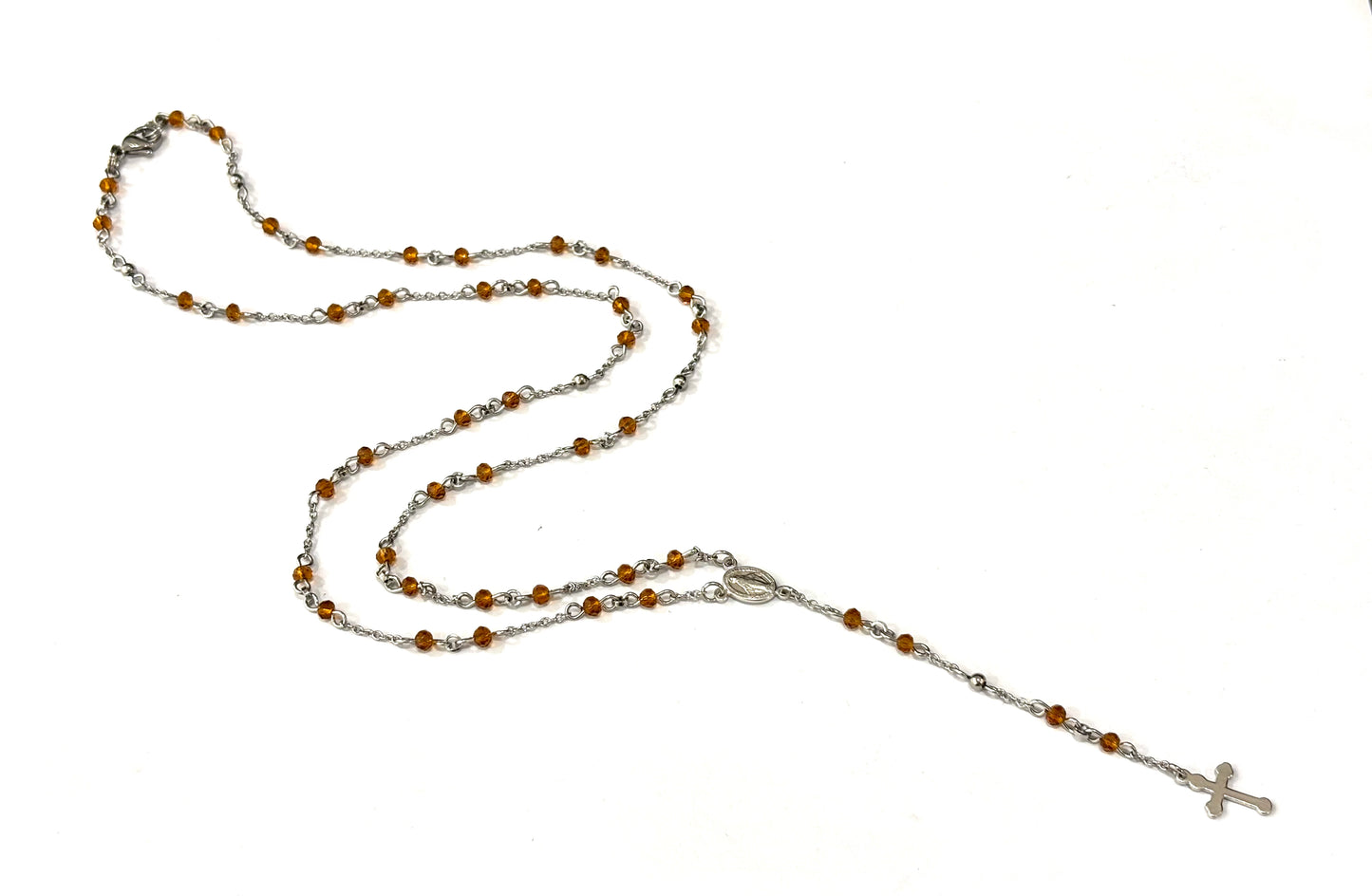 COLLANA ROSARIO ACCIAIO - MEDAGLIETTA E CROCE ARGENTO 925 - CRISTALLI 3,5x2,5mm