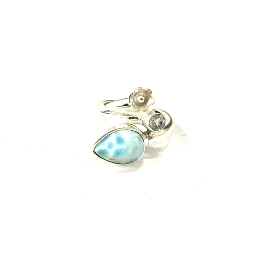 ANELLO LARIMAR GOCCIA - ACQUAMARINA SFACCETTATA TONDA - ARGENTO 925