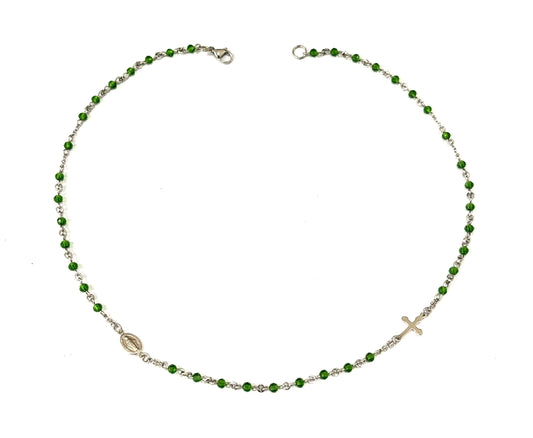COLLANA ROSARIO ACCIAIO - MEDAGLIETTA E CROCE ARGENTO 925 - CRISTALLI 3,5x2,5mm