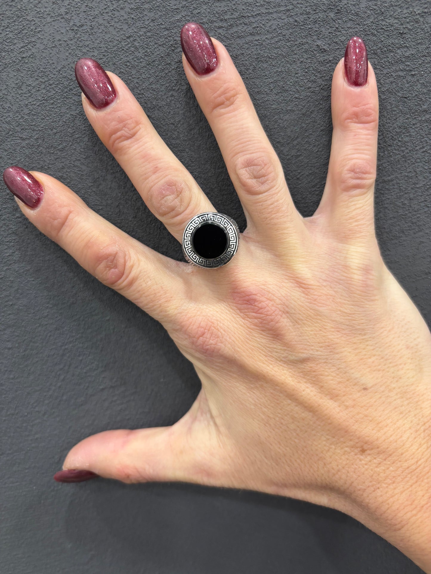 ANELLO ONICE TONDO - GRECA - ARGENTO 925