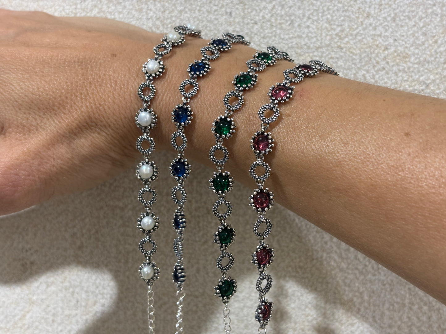 BRACCIALE LAVORAZIONE MICROSFERE E PIETRE NATURALI - ARGENTO 925 BRUNITO