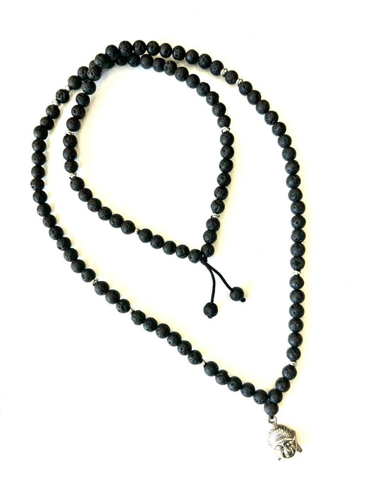 COLLANA MALA - PIETRA LAVICA  6mm - CIONDOLO BUDDHA ARGENTO 925