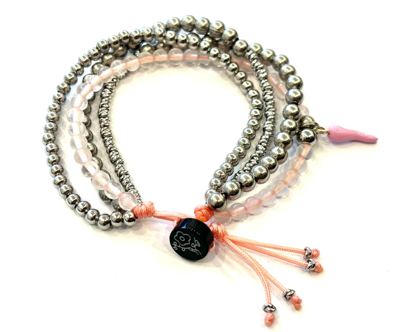 BRACCIALE MULTIFILO GOODLUCK ACCIAIO - QUARZO ROSA - BOTTONE ONICE - CORNETTO SMALTATO ARGENTO 925