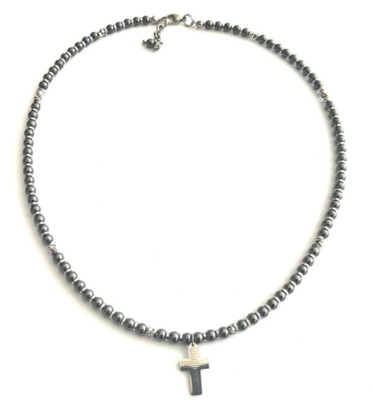 COLLANA GIROCOLLO ACCIAIO/EMATITE - CIONDOLO CROCE ACCIAIO