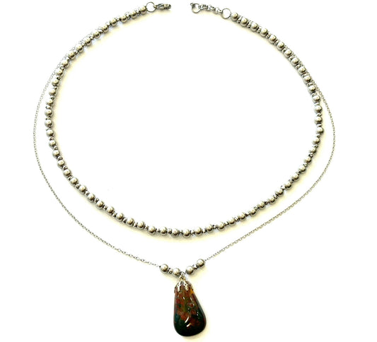 COLLANA TUMBLED STONE ACCIAIO - CIONDOLO ELIOTROPIO CON COPPETTA OTTONE GALVANICA ARGENTATA