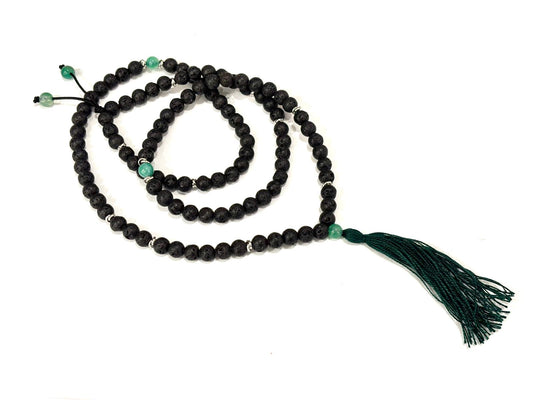 COLLANA MALA TIBETANO - PIETRA LAVICA E AGATA VERDE STRIATA 6MM