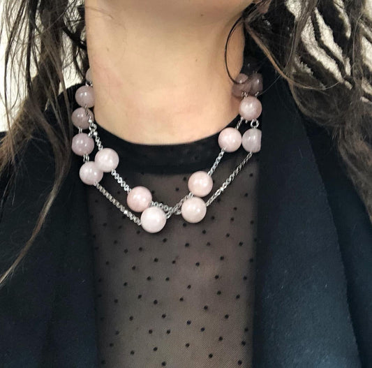 COLLANA IN ACCIAIO CON PIETRE NATURALI DI QUARZO ROSA DI 15MM