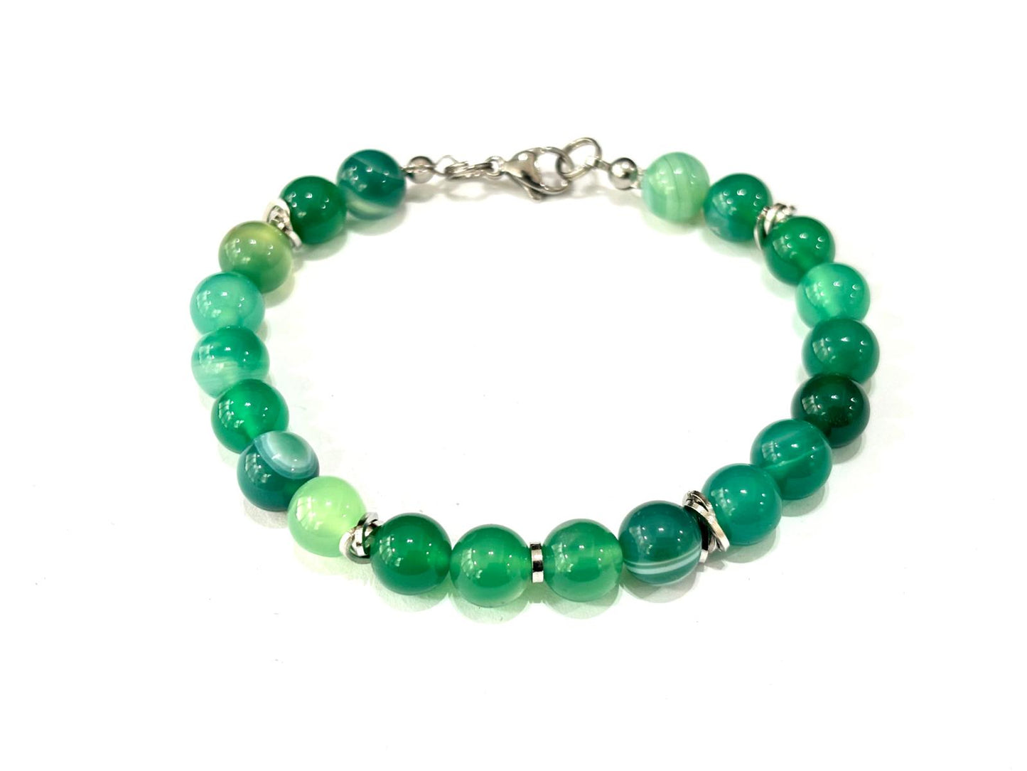 BRACCIALE AGATA VERDE CHIARA STRIATA 8MM - ACCIAIO