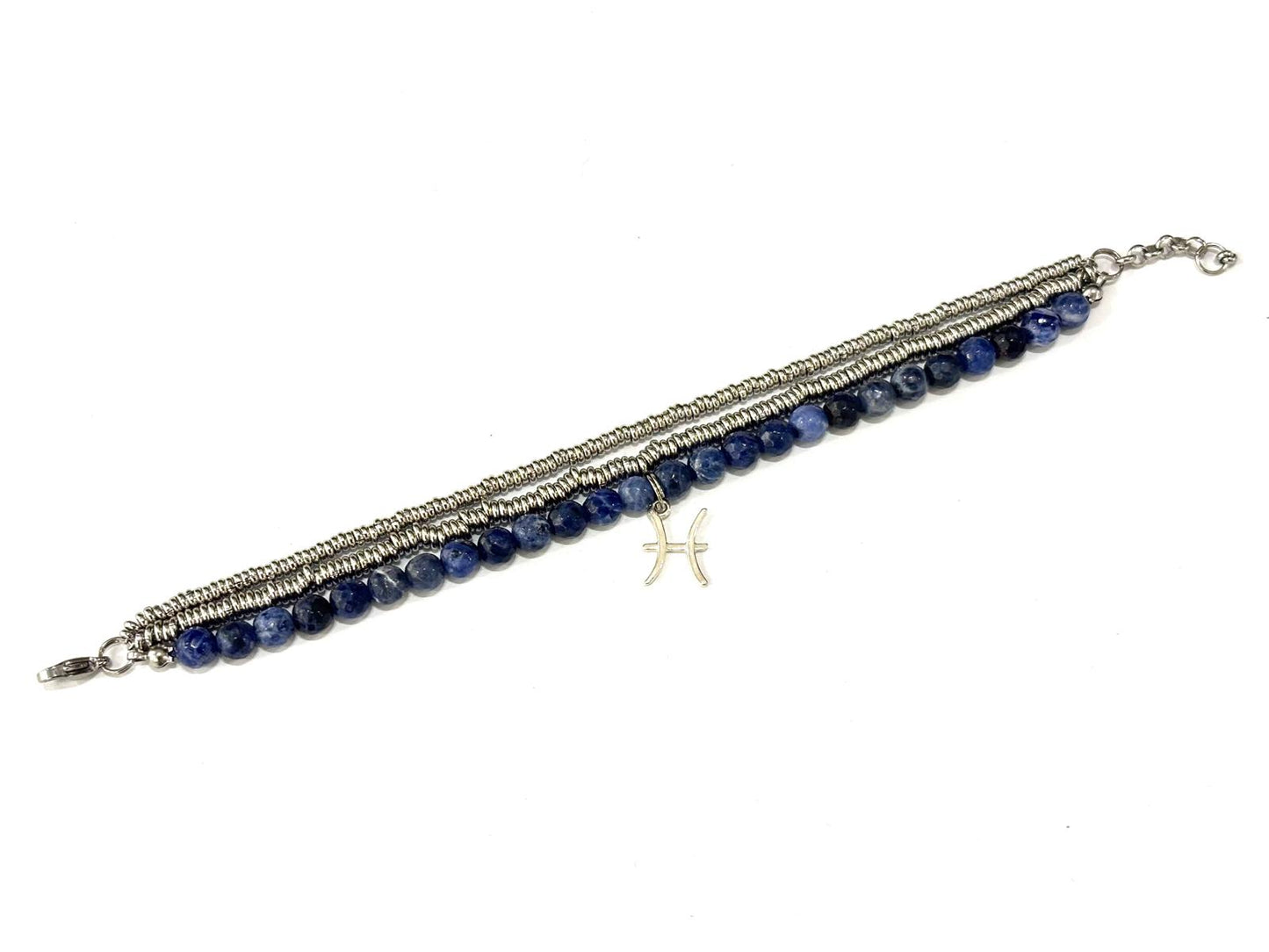 BRACCIALE MULTIFILO PIETRE E ZODIACO ACCIAIO SODALITE SFACCETTATO 6mm - PESCI