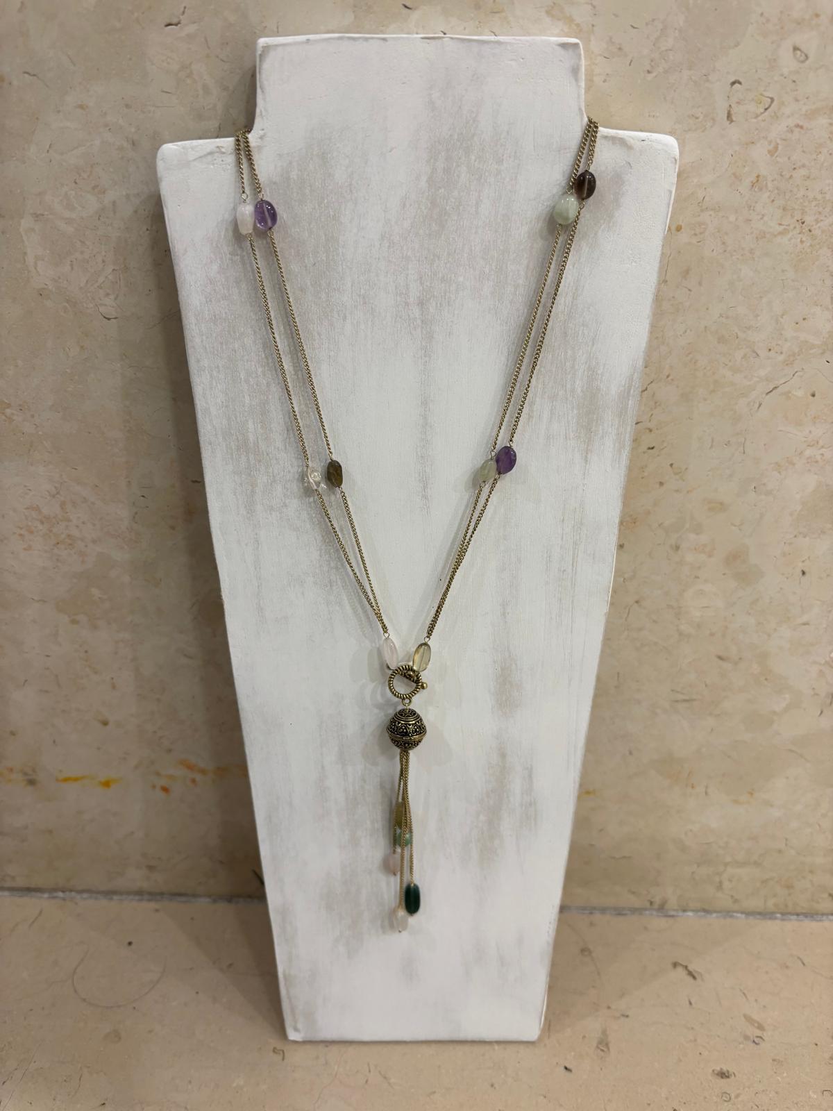 COLLANA LUNGA OTTONE CON CATENA GROUMETTE E PIETRE NATURALI