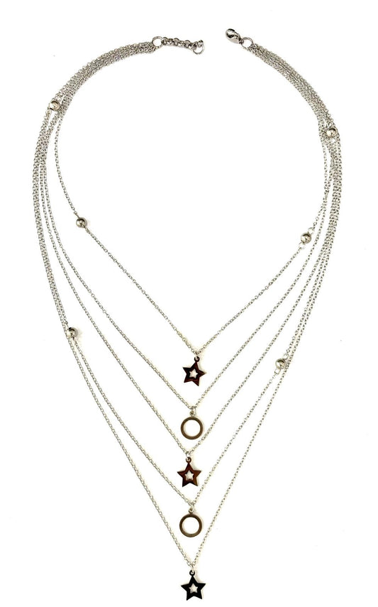 COLLANA MULTISTRATO ACCIAIO - STELLA ACCIAIO - CERCHIO ARGENTO